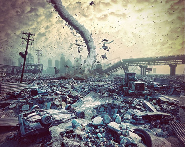 城市的废墟和龙卷风。灾情景观。3D插图概念