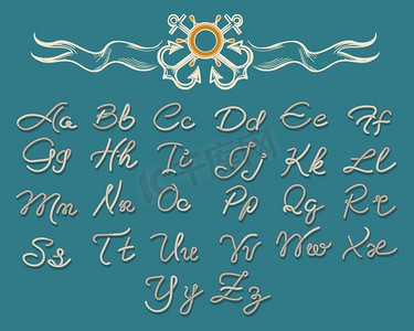 穿绳字母字体。海军航海设计用矢量线绳字母字体和航海复古剪影元素