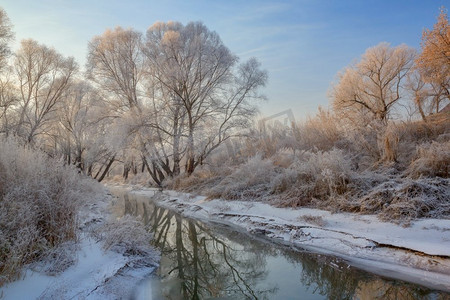 树木和河流结了霜的雪景