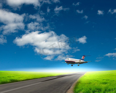 图像的一架白色客机和蓝天与云彩