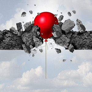意想不到的力量和成功，作为一个红色气球突破水泥墙，作为一个具有3D插图元素的商业成就隐喻。