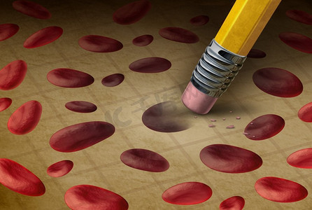 药物治疗摄影照片_血液紊乱的医学概念是以铅笔擦除人体细胞作为药物血液学符号，以贫血或血友病为3D插图。