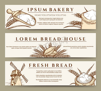 新鲜的面包和面包店的横幅。手绘新鲜面包和面包店横幅，上面有磨坊、小麦和面粉袋草图矢量插图