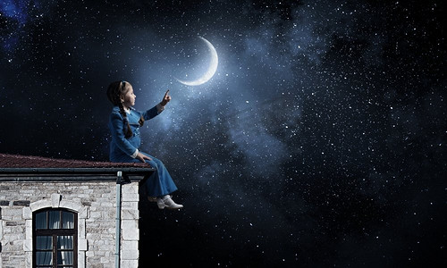 楼顶上的小女孩。小女孩坐在房顶上，用手指指着月亮