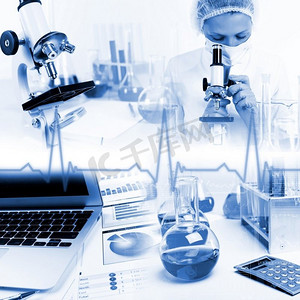医生在实验室和不同的科学设备中工作的形象