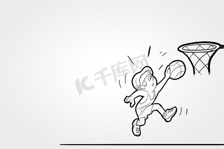 漫画僵尸摄影照片_篮球比赛。篮球运动员把球投进篮筐的滑稽漫画
