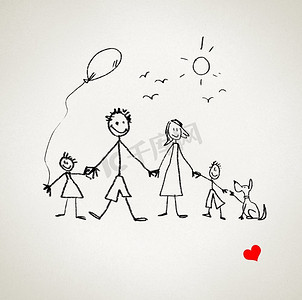 我爱我的家人。画出快乐的父母和孩子的搞笑形象
