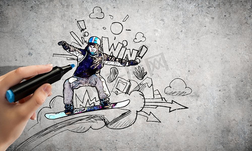 手绘速度摄影照片_单板滑雪。滑雪板运动员手绘素描特写