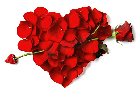 丘比特摄影照片_红玫瑰花瓣心。白色背景上孤立的玫瑰箭刺穿花瓣的心