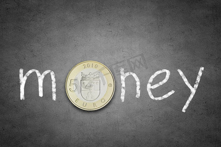 欧元货币。用法夫欧元硬币代替字母O的单词Money