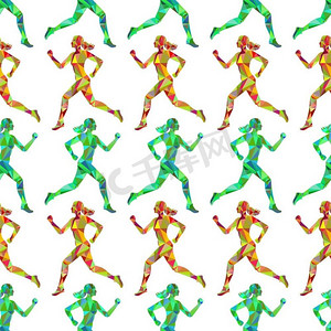 运动模式与跑步的女性无缝结合。运动无缝图案与五颜六色的多角形跑步女性。矢量插图