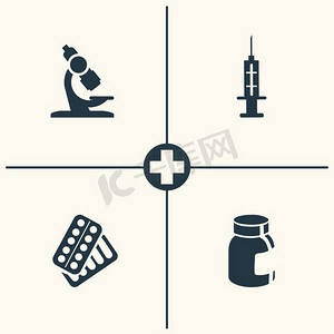 显微镜注射器和药丸图标。医疗图标集。矢量显微镜注射器和药丸图标