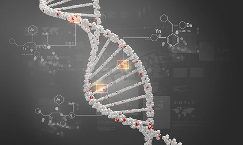 科技化学摄影照片_DNA分子。高科技DNA分子的生物化学背景概念