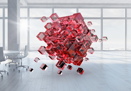 红色的立方体摄影照片_现代办公室里的立方体。白色办公内饰，3D立方体图形。混合介质