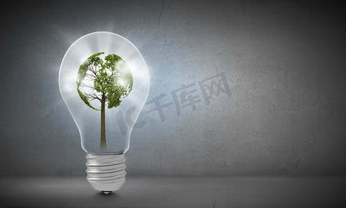 灯泡内有绿树的生态理念。生态理念