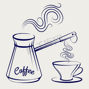 传统咖啡机和杯子。手绘早餐套餐。向量传统咖啡机和杯子在灰色背景上