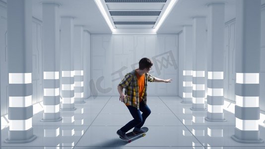 男孩骑滑板。一个活跃的家伙在虚拟的未来房间里玩滑板。混合媒体。混合介质