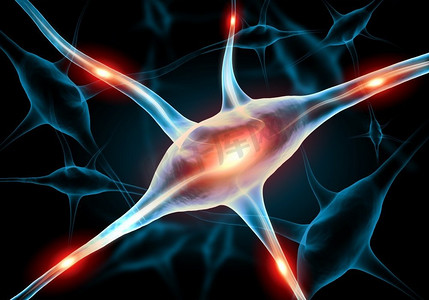 光效合成海报摄影照片_神经细胞的插图。带有光效的彩色背景上的神经细胞插图