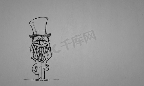 卡通银行背景摄影照片_卡通滑稽小人。灰色背景下滑稽银行家的漫画