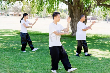 精神健康摄影照片_人们在公园里练太极拳。夏天人们在公园里练太极拳