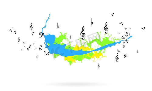 音乐概念。背景图像带有五颜六色的水花和音乐标志