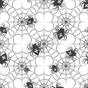 万圣节图案与蜘蛛天衣无缝。单色无缝图案与蜘蛛和蜘蛛网。万圣节图案向量插图