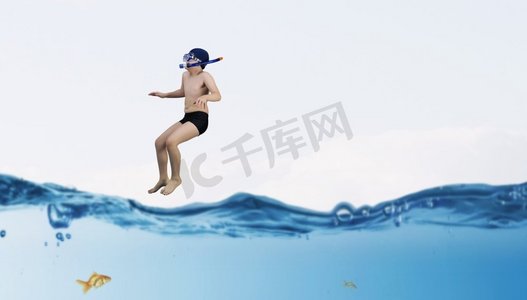 子代摄影照片_我美好的暑假。戴着潜水面具的小男孩跳入水中