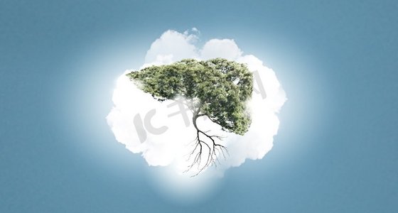大气污染摄影照片_大气污染.绿色的树形状像人的肝脏概念形象