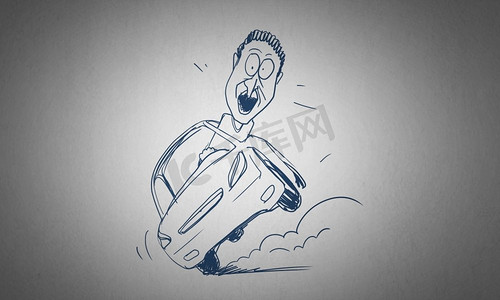 卡通花生油摄影照片_卡通滑稽小人。滑稽男子在白色背景下开车的漫画