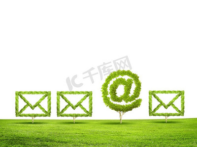 电子邮件概念。电子邮件标志形状的绿色植物的概念形象