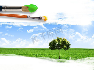 用画笔着色的风景与蓝天和绿草。