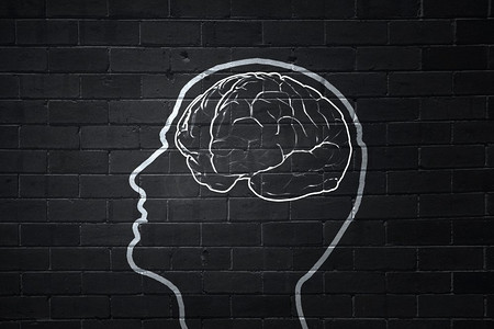 人脑。人类在黑色黑板上手绘大脑