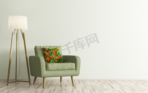 与绿色扶手椅和落地灯3d渲染的现代客厅内部