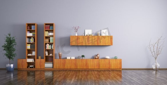 木质底纹水晶质感数字2摄影照片_现代客厅内饰，木质书架，3D渲染