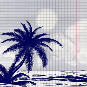棕榈树和海洋素描。笔记本页上的圆珠笔、棕榈树和海滨素描。矢量插图