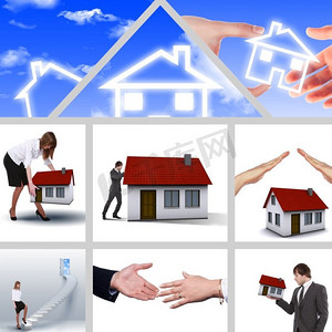 房地产企业摄影照片_一个成功的房地产企业的象征。拼贴画。插图。