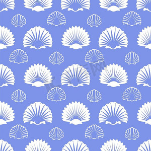 赛季摄影照片_海洋无缝的模式与海贝壳。海洋无缝的模式与白色海贝壳在蓝色背景。矢量图解