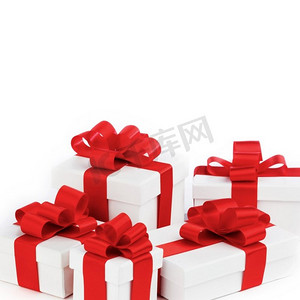 装有礼物的盒子，用白纸包裹，配上红色丝带，白色隔开