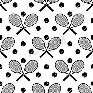 球矢量摄影照片_网球天衣无缝的格局。网球无缝图案矢量插图。黑色和白色运动背景，有球拍和球