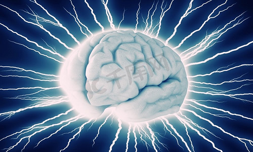 头脑风暴大脑创意摄影照片_人类大脑的冲动。闪亮的大脑在深色背景下的雷电之间