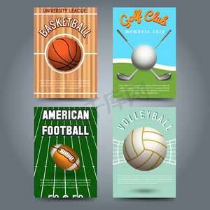 体育宣传册传单模板集。体育宣传册传单模板集。篮球排球美式足球和高尔夫球卡。传染媒介例证