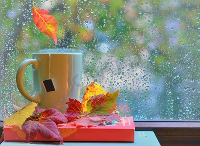 复古风茶杯摄影照片_秋雨过后，窗前的茶杯里有叶子和水滴