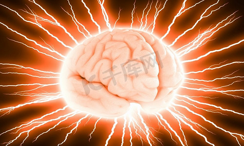冲动血战摄影照片_人类大脑的冲动。闪亮的大脑在深色背景下的雷电之间