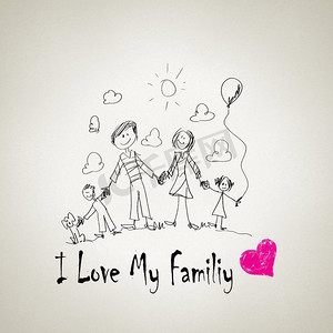 父母和孩子卡通摄影照片_我爱我的家人。素描快乐的父母和孩子的滑稽形象
