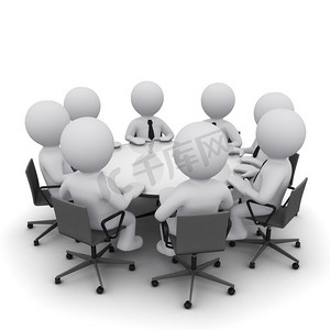 3D男性坐在圆桌旁举行商务会议