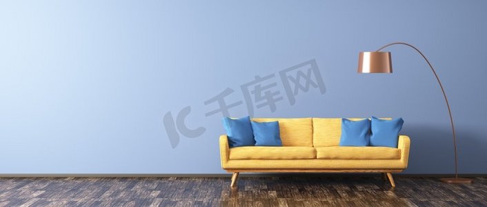 现代客厅内部，橙色沙发和铜制落地灯覆盖在蓝色墙壁上，3D渲染