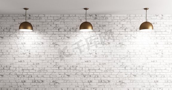 三盏黄铜灯覆盖在杂乱的砖墙上房间内部背景3D渲染