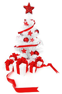 白色圣诞树，白色背景上有红色的装饰和孤立的礼物