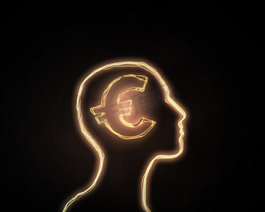 人类标志摄影照片_如何赚钱。深色背景下带有欧元标志的人头和脑