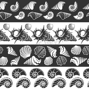 几何海摄影照片_海无边界。海无缝的边界矢量插图。单色模式与海贝壳